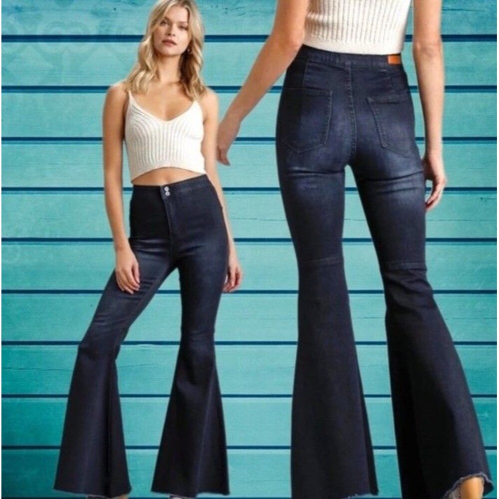 Umgee Women’s Flare Bell Bottom‎ High Rise Dark Blue Raw Hem  Women’s Jeans SZ 7